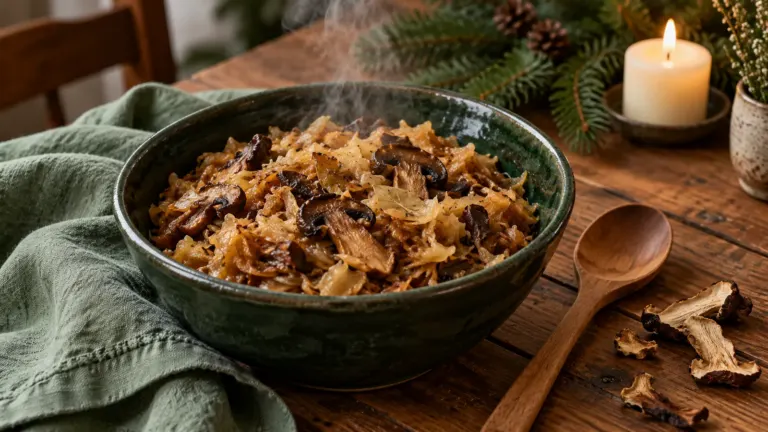 Bigos wigilijny: Postny bigos z grzybami w zielonej misce przy świecy
