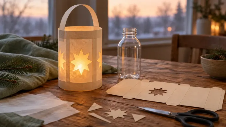 Lampion na roraty: Papierowy lampion roratni obok butelki i szablonu na drewnianym stole