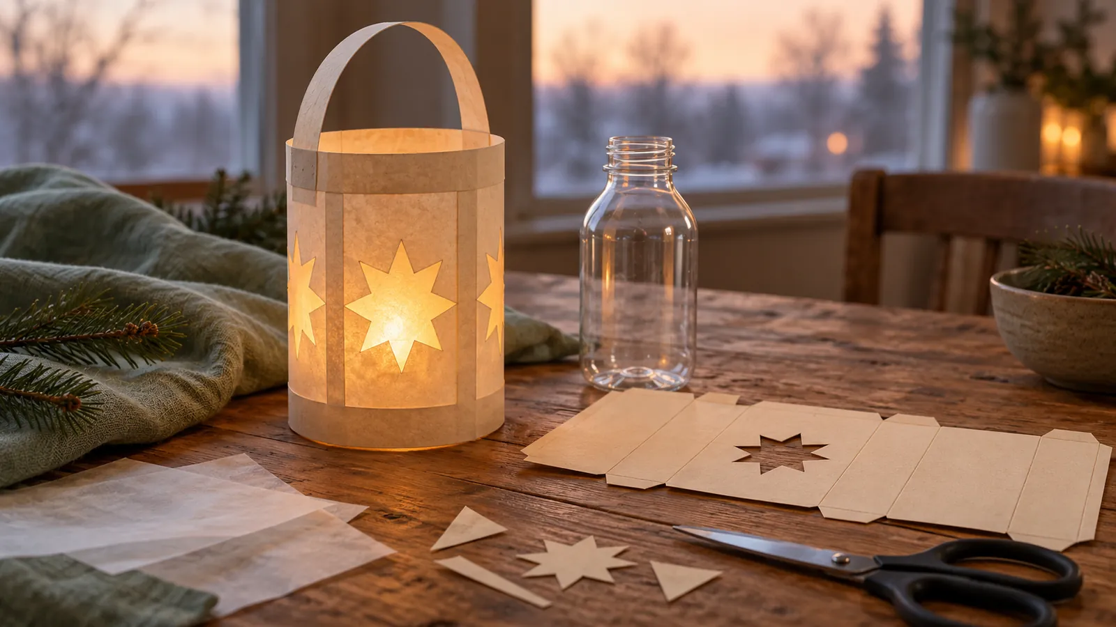 Lampion na roraty: Papierowy lampion roratni obok butelki i szablonu na drewnianym stole