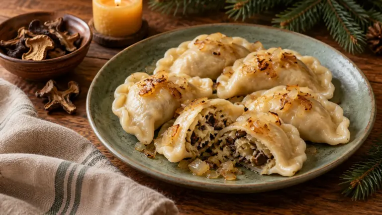 Pierogi z kapustą i grzybami: Pierogi z kapustą i grzybami na talerzu obok świerku i świecy